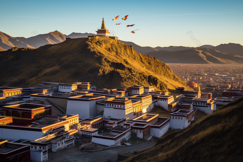 神圣的扎什伦布寺天白云山峰城市建筑鸟群飞过,高清,摄影图,摄影图片,图片大全,摄影图免费下载